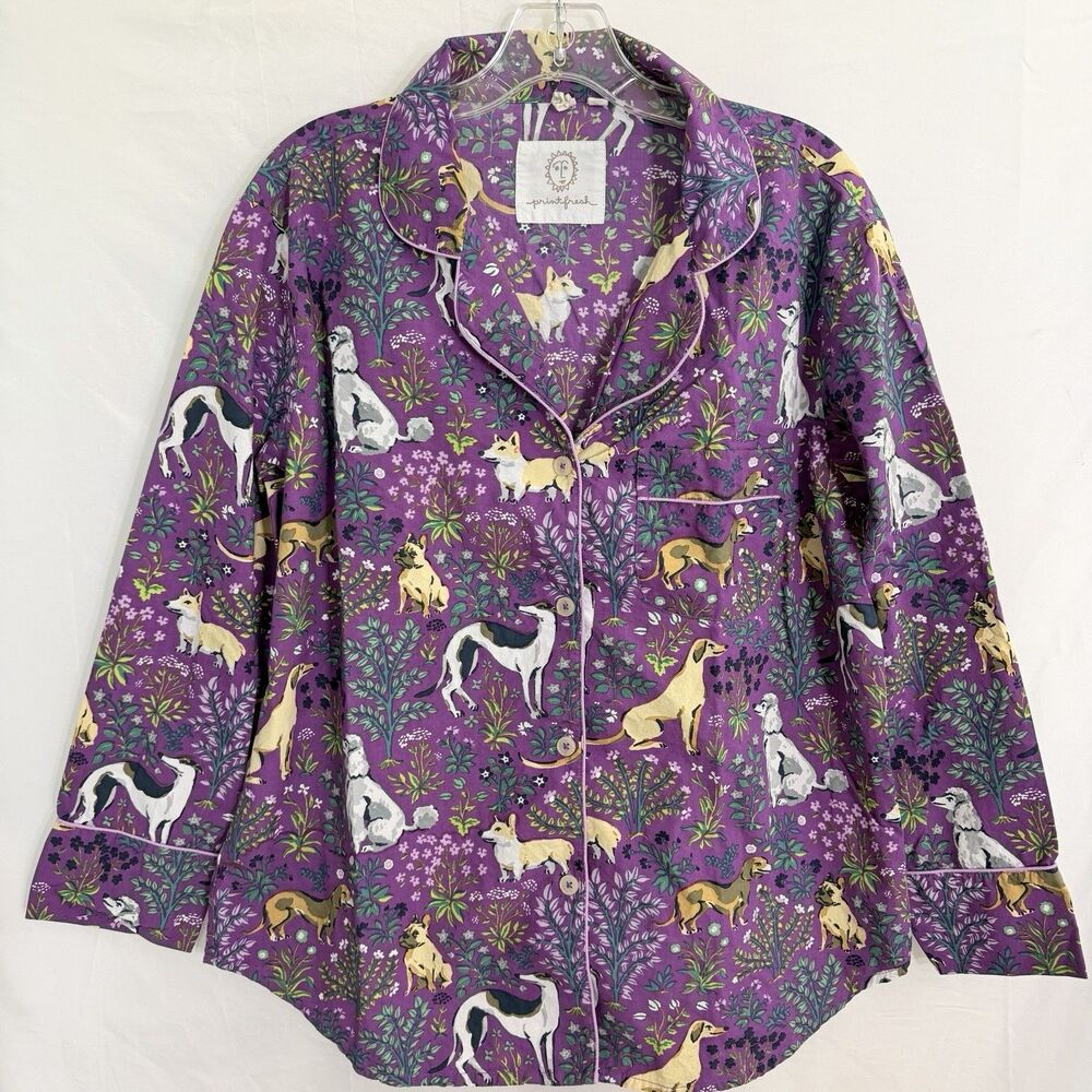 Print Fresh Purple Dogs Button Up Sleep Shirt Pajama Women's Size Medium Top